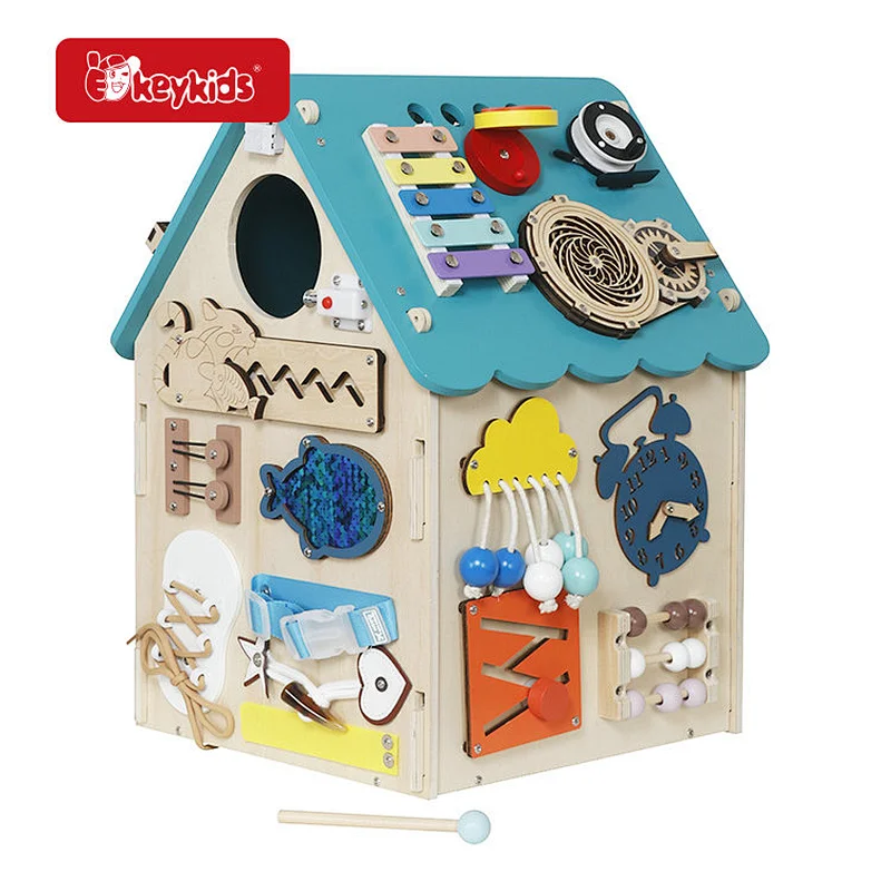 Multifunctional Interactive Wooden Sensory Busy House Toy with Locks & Gears W12D738B
